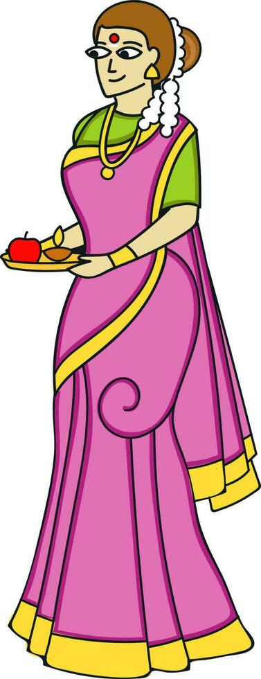 lindo indiano senhora segurando adoração prato com maçã óleo luminária plano vetor. vetor