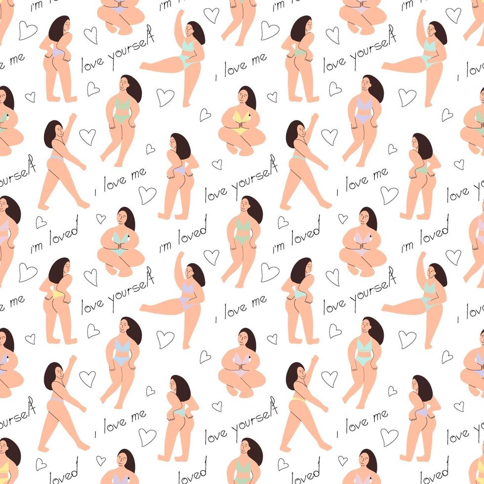 padrão sem emenda de meninas bodypositive. uma modelo curvilínea mostra seu corpo. ilustração vetorial vetor