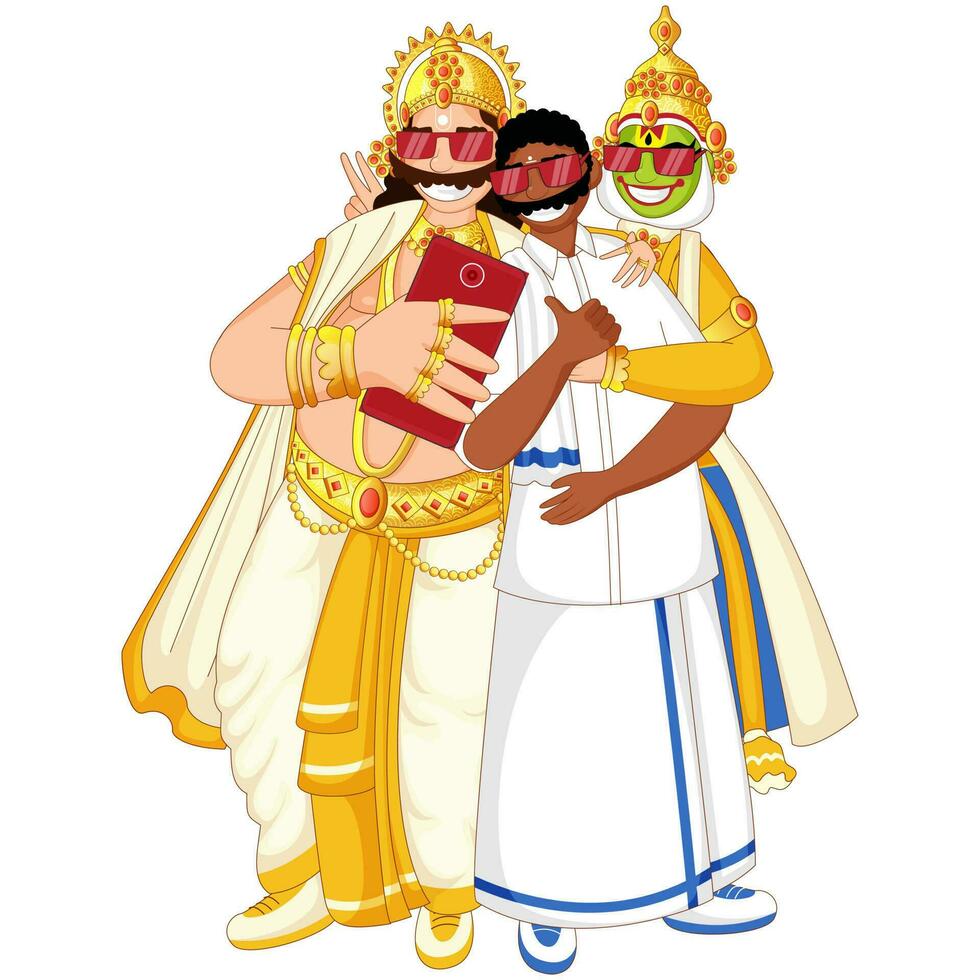 alegre rei Mahabali com Kathakali dançarino, sul indiano homem selfie juntos a partir de Smartphone em branco fundo. vetor