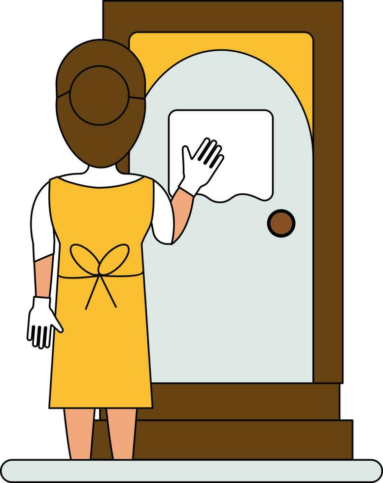 costas Visão do jovem fêmea limpeza porta com pano colorida ícone. vetor