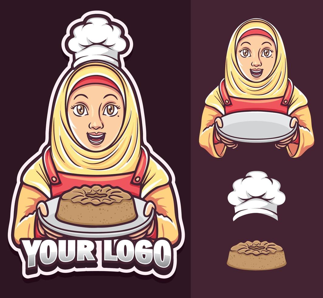 Chef garota muçulmana usando logotipo hijab e conjunto de ilustração vetor