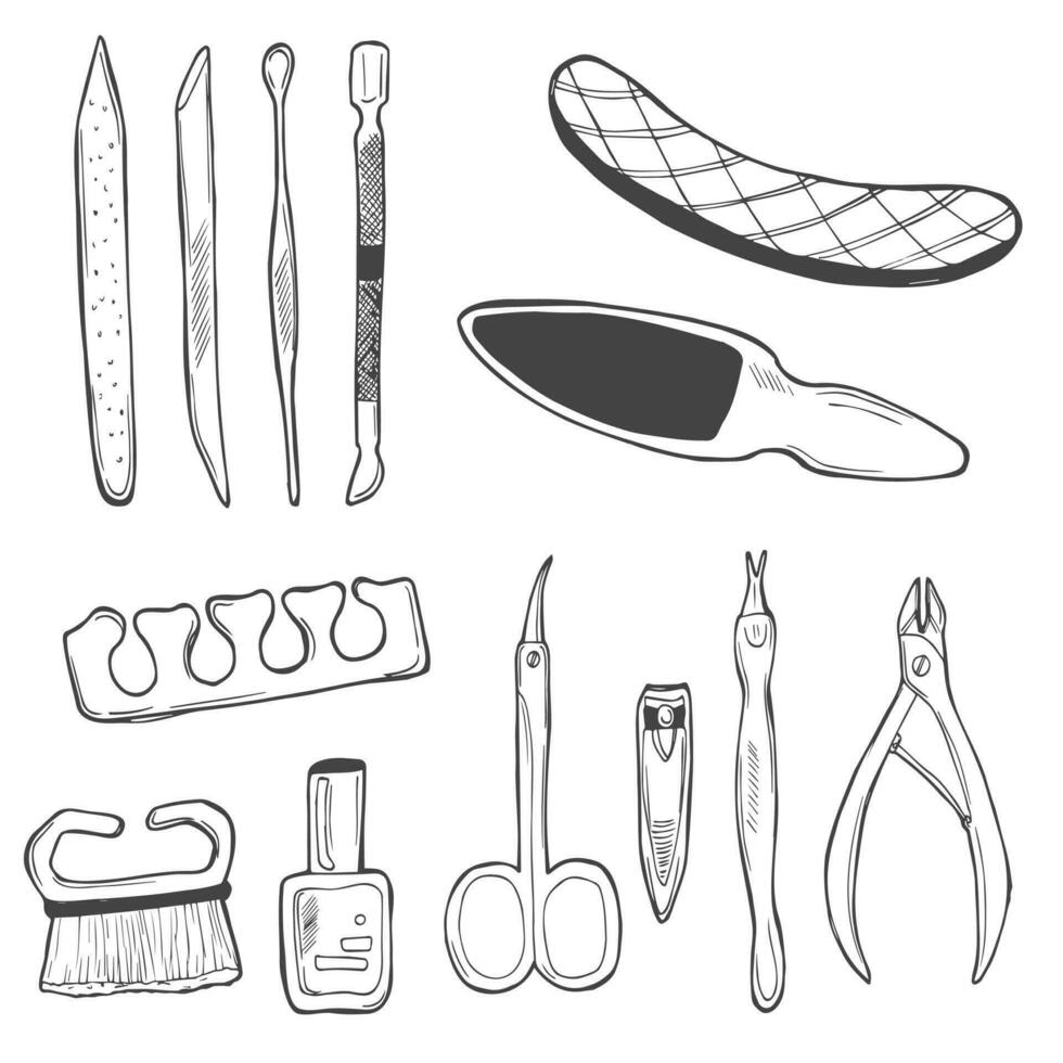 conjunto do Ferramentas para manicure. mão desenhando rabisco esboço ilustração vetor. tesoura, cutícula pinça, unha arquivos, unha polonês, unha máquinas de cortar cabelo, verniz, empurradores. Projeto elemento, ícones, imprimir. vetor