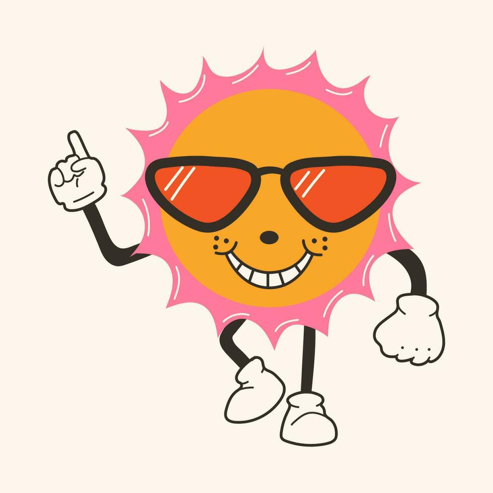 fofa feliz engraçado Sol 30s desenho animado mascote personagem anos 40, anos 50, anos 60 velho animação estilo. vetor