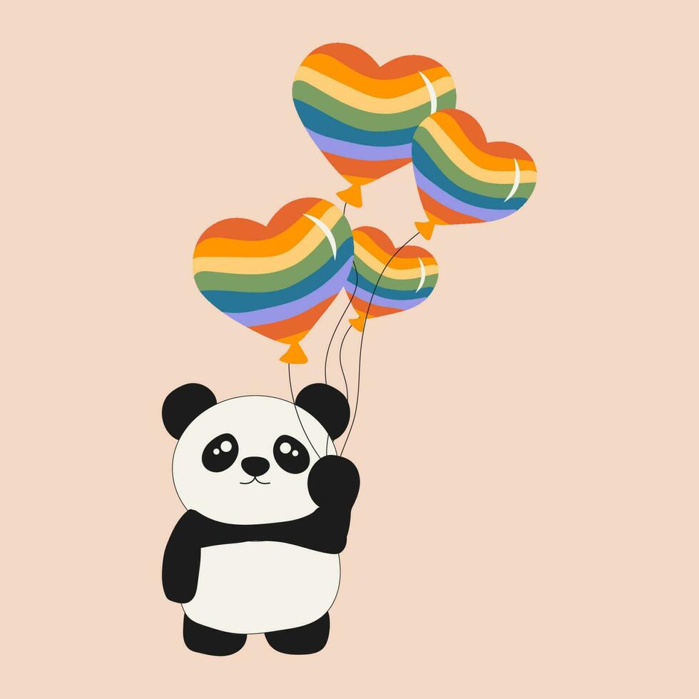 fofa pequeno sentado panda detém arco Iris bolas.. desenho animado animal personagem para crianças cartões, bebê banho, convite, poster, camiseta composição, casa interior. vetor estoque ilustração