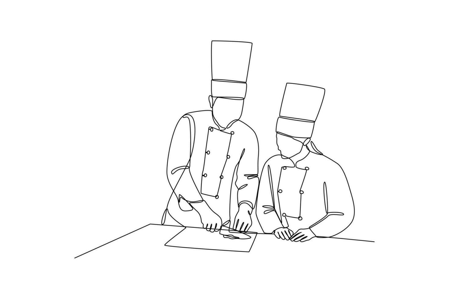 contínuo uma linha desenhando dois pessoas estão tendo uma cozinhando aula. classe isto acima conceito. solteiro linha desenhando Projeto gráfico vetor ilustração