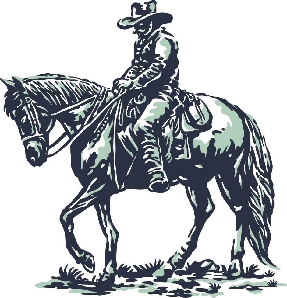 uma homem equitação uma cavalo com uma chapéu em dele cabeça com vintage estilo ilustração vetor