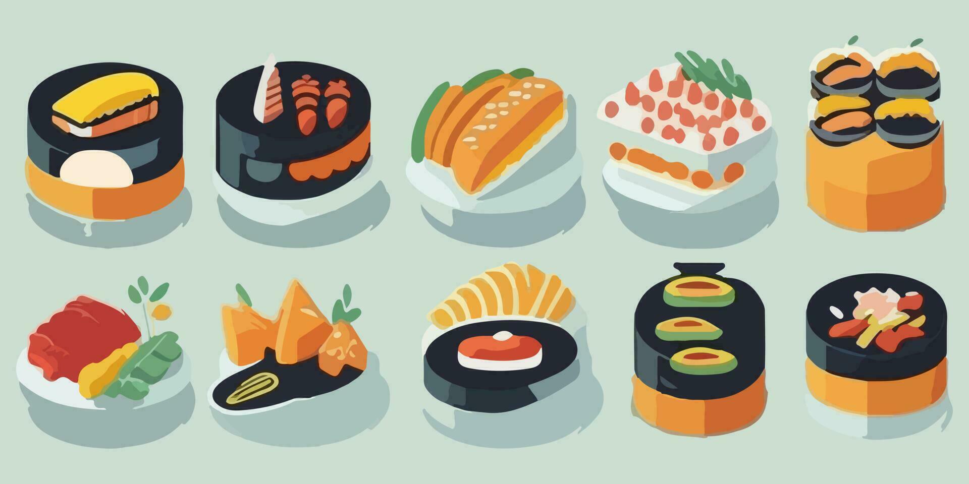 culinária alegria, vibrante desenho animado ilustração do uma colorida Sushi espalhar vetor