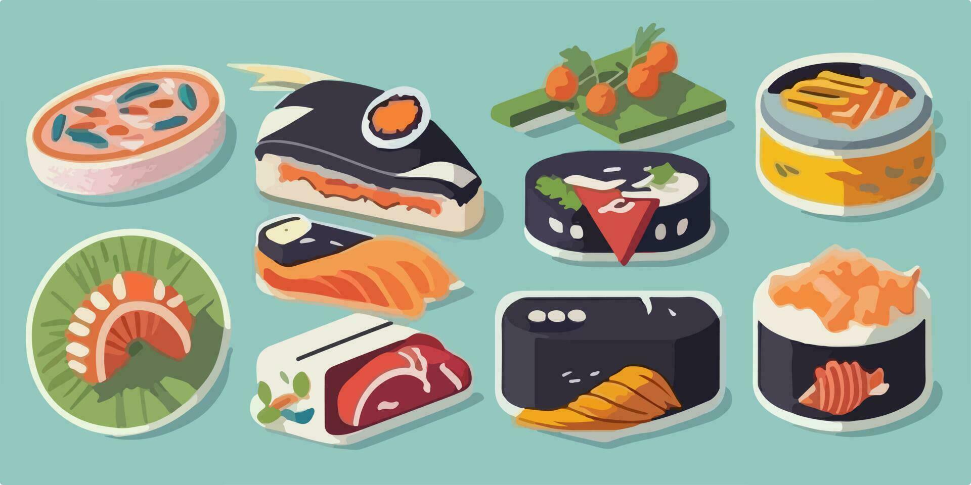 Sushi paraíso, colorido vetor ilustração exibindo uma caprichoso espalhar