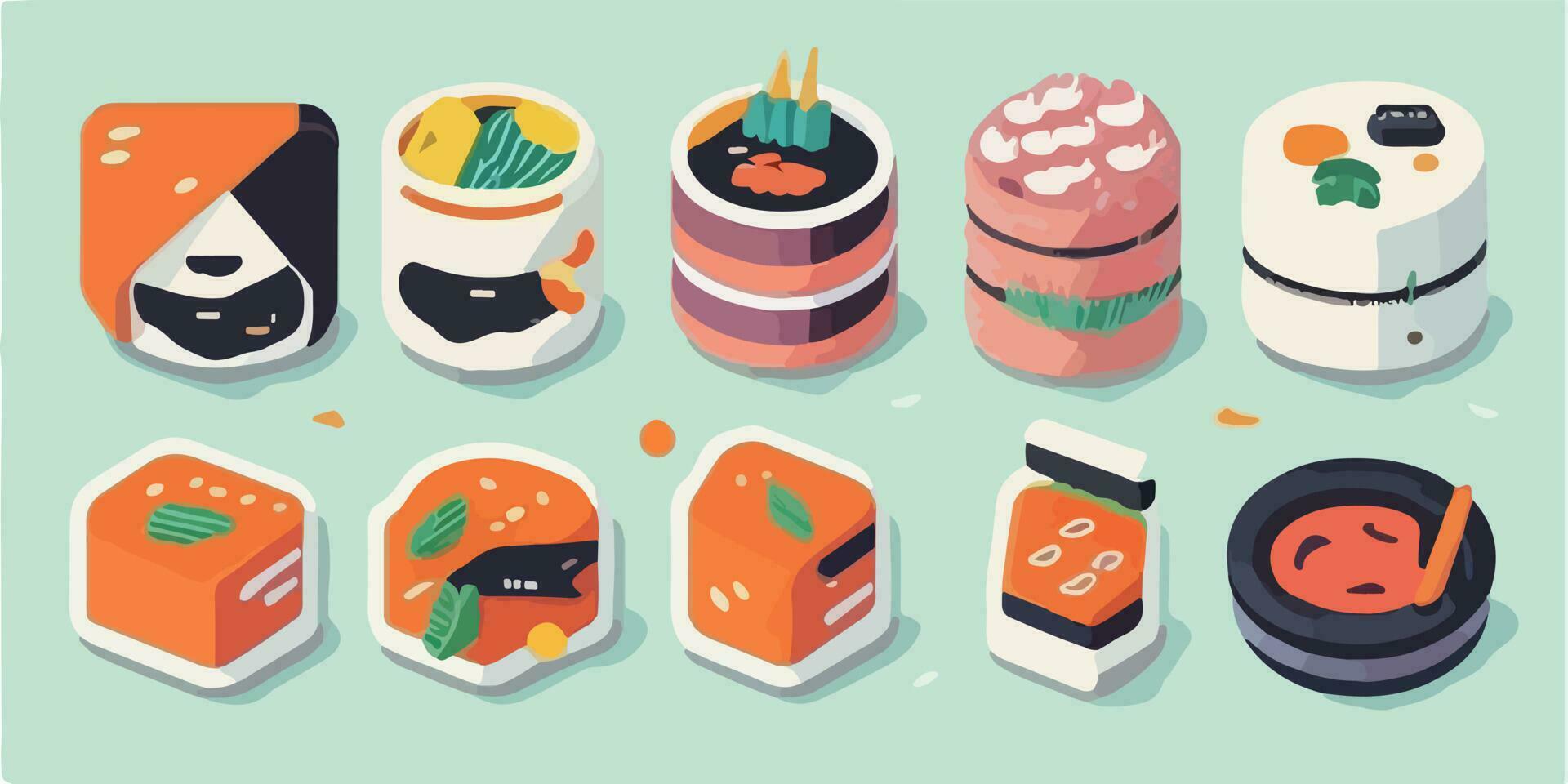 sabores do Japão, vibrante desenho animado ilustração do uma colorida Sushi espalhar vetor