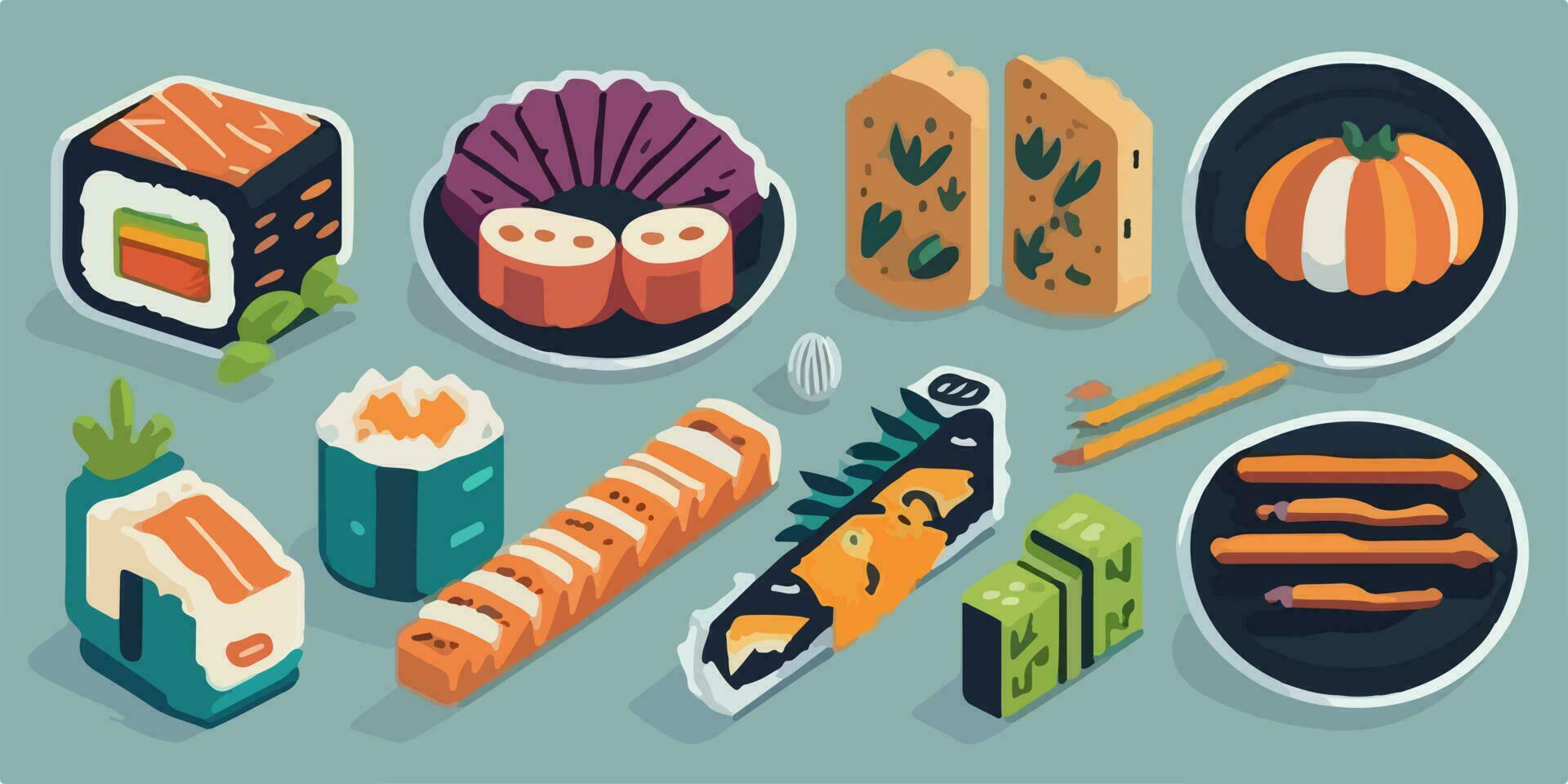 colorida desenho animado Sushi definir, Diversão e saboroso japonês delícias vetor
