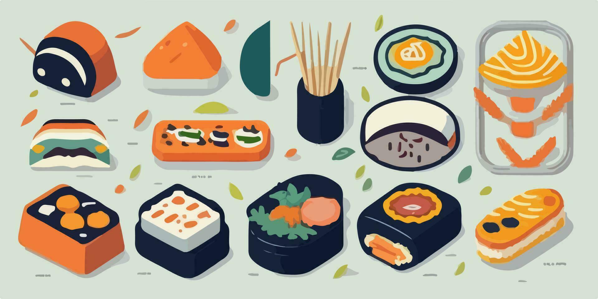 caprichoso Sushi personagens, vibrante vetor ilustração do saboroso rolos