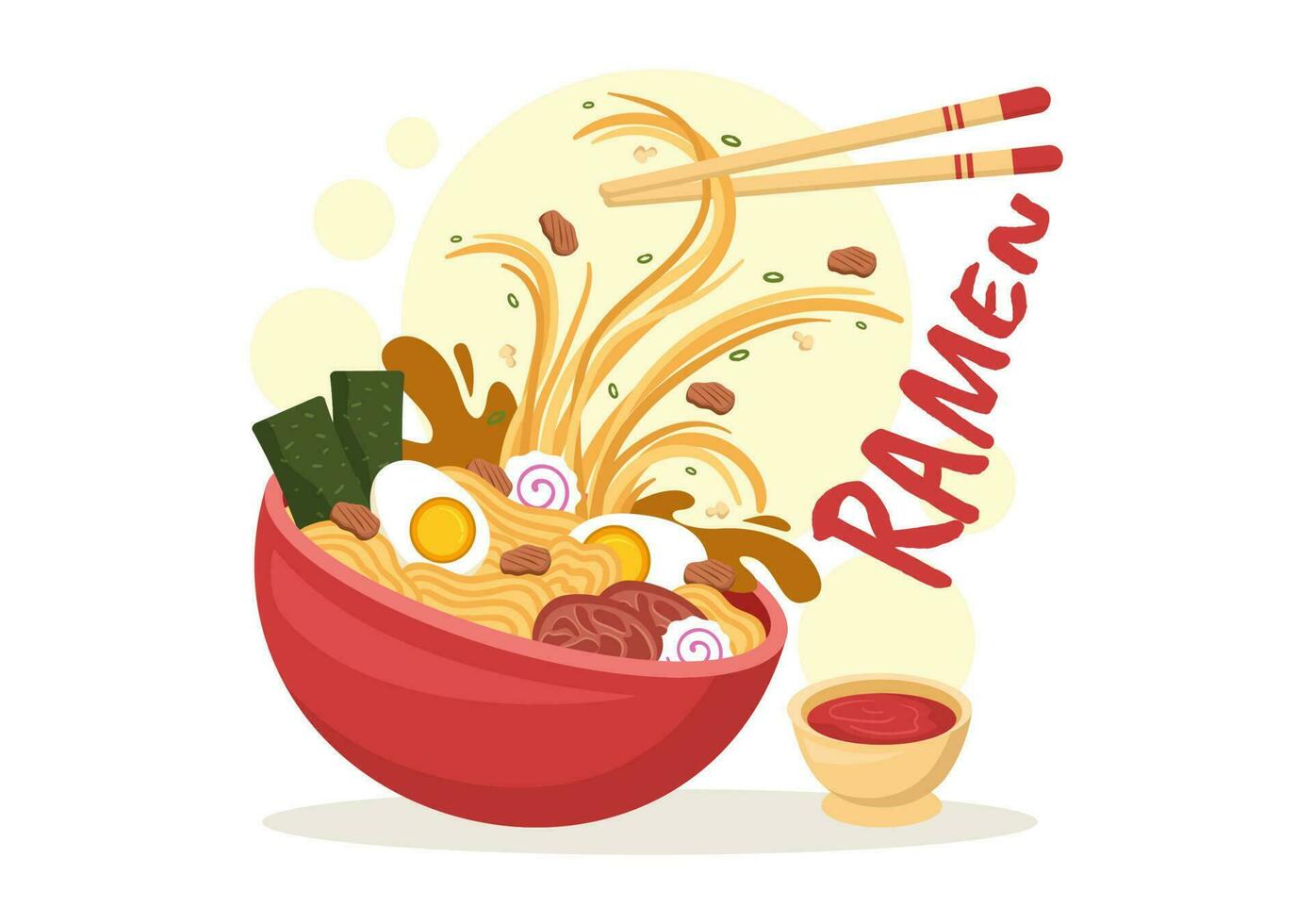 ramen vetor ilustração do japonês Comida com macarrão, pauzinhos, missô sopa, ovo fervido e grelhado nori dentro plano desenho animado mão desenhado modelos