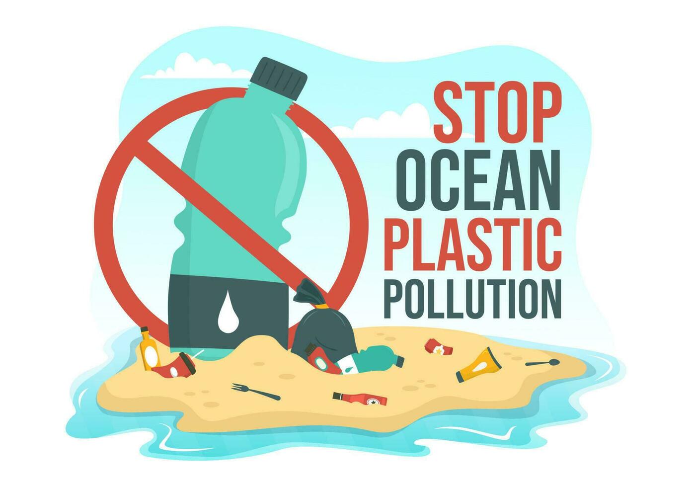 Pare oceano plástico poluição vetor ilustração com Lixo debaixo a mar gostar uma desperdício bolsa, lixo e garrafa dentro plano desenho animado mão desenhado modelos