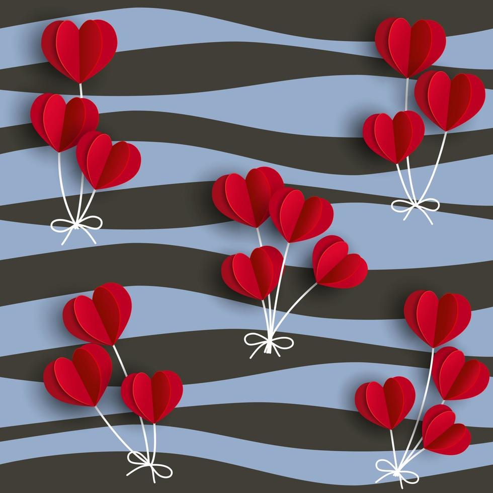 corações vermelhos dão forma a balões em fundo ondulado para moda, tecido, têxtil, impressão ou papel de embrulho vetor