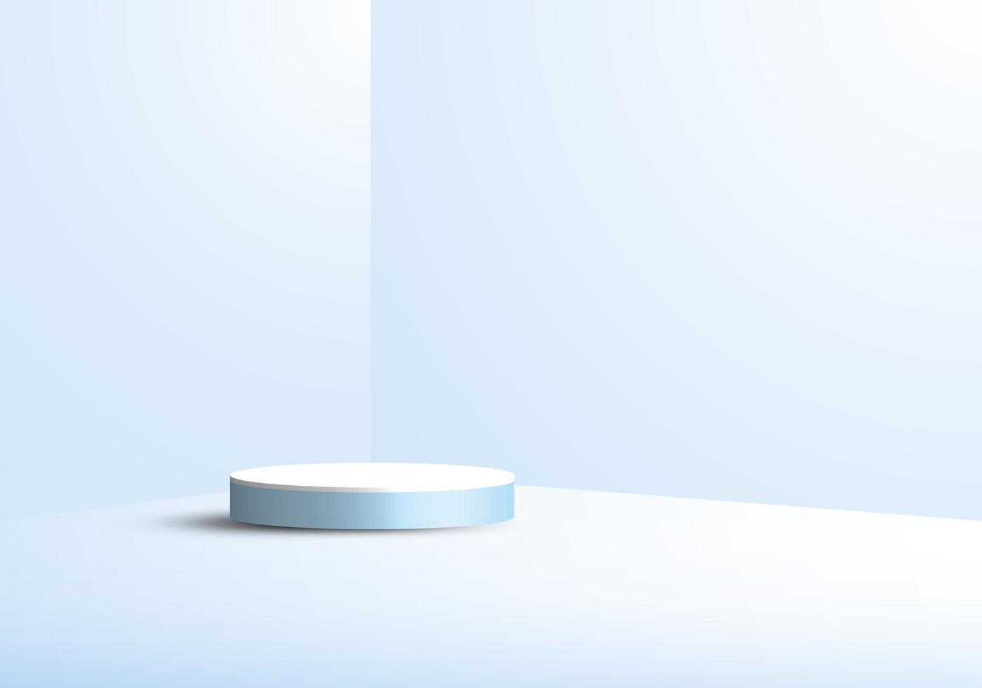Mostruário da sala de estúdio 3D com pedestal de cilindro branco geométrico redondo fundo de cena azul mínimo vetor