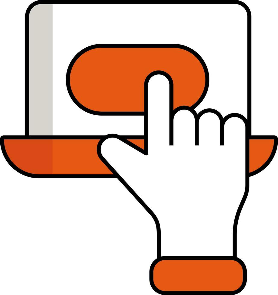 mão toque computador portátil tela laranja e branco ícone. vetor