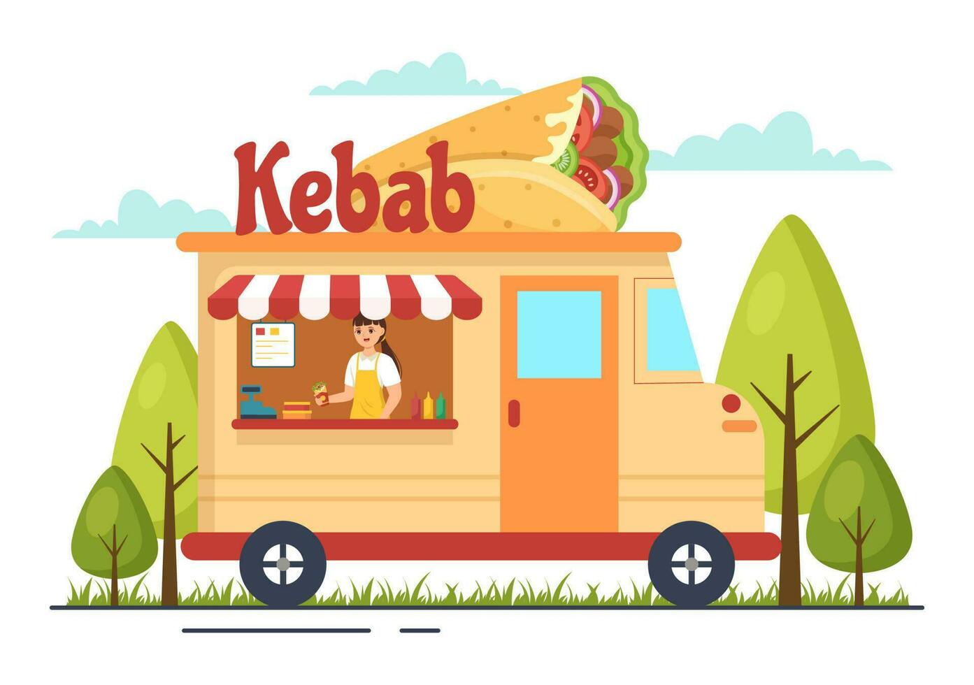 Kebab vetor ilustração com estofamento frango ou carne carne, salada e legumes dentro pão tortilla embrulho dentro plano desenho animado mão desenhado modelos