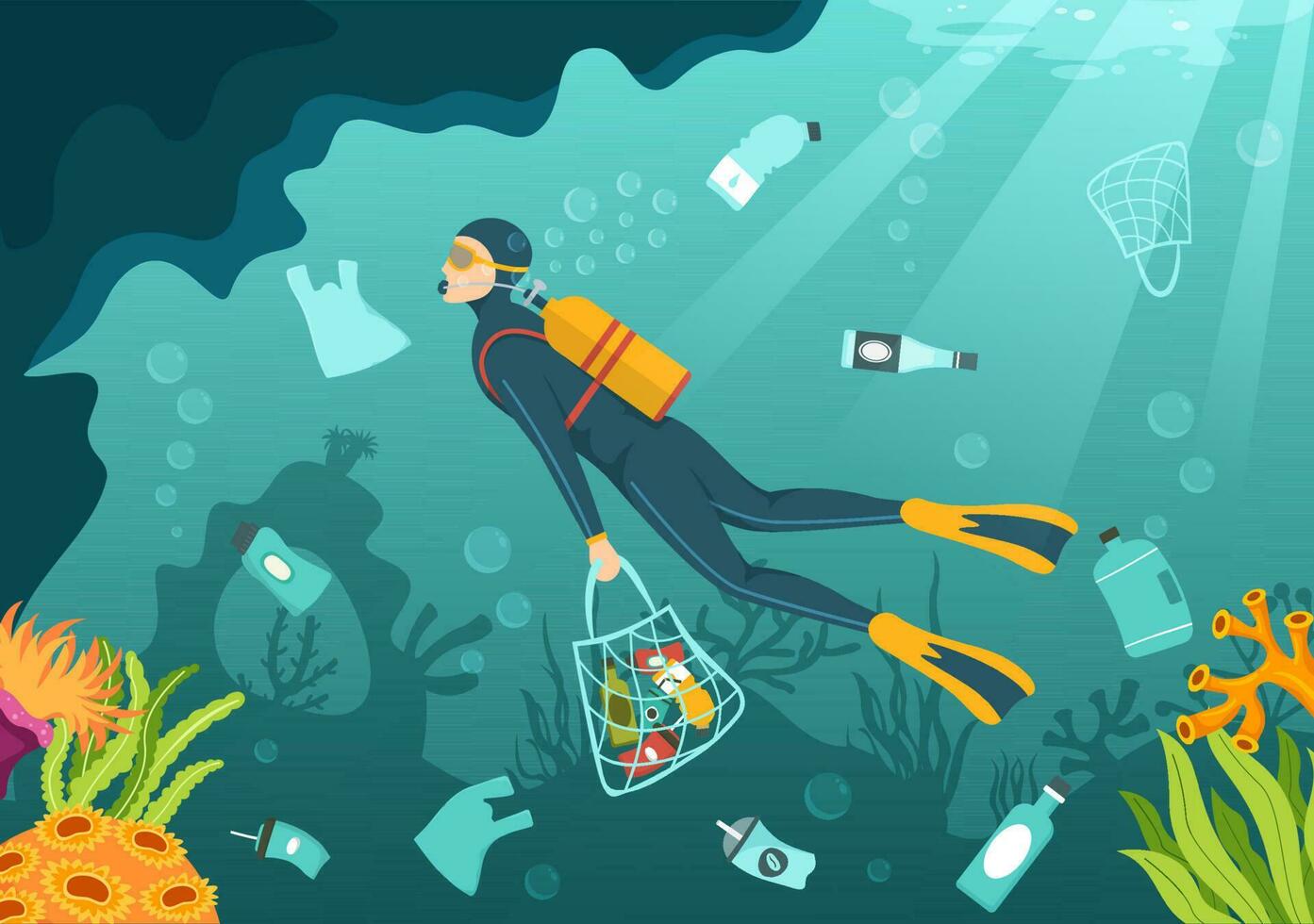 Pare oceano plástico poluição vetor ilustração com Lixo debaixo a mar gostar uma desperdício bolsa, lixo e garrafa dentro plano desenho animado mão desenhado modelos