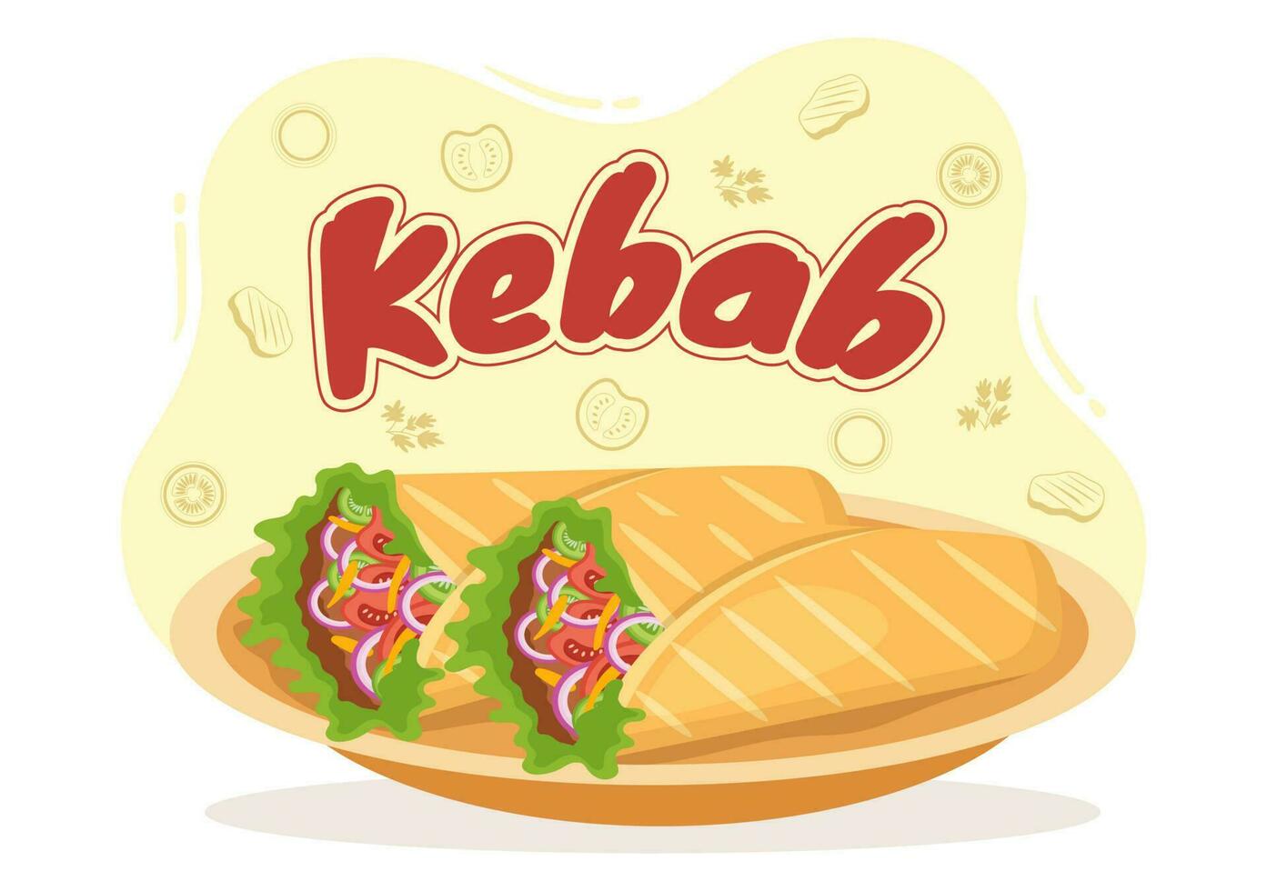 Kebab vetor ilustração com estofamento frango ou carne carne, salada e legumes dentro pão tortilla embrulho dentro plano desenho animado mão desenhado modelos