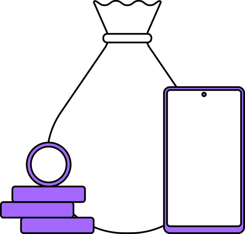 Smartphone com dinheiro saco ícone dentro roxa e branco cor. vetor