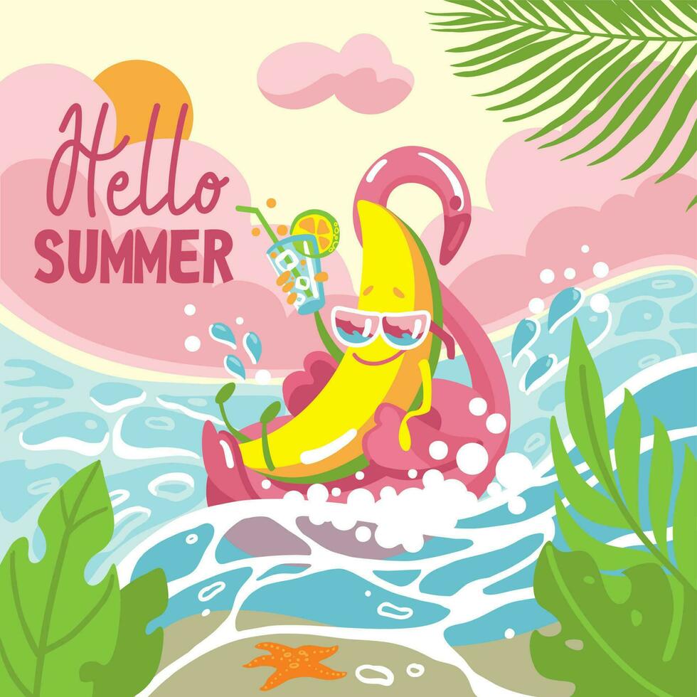 alegre banana dentro oculos de sol flutua dentro a mar em piscina flutuador. verão Festa. Olá verão. vetor ilustração.