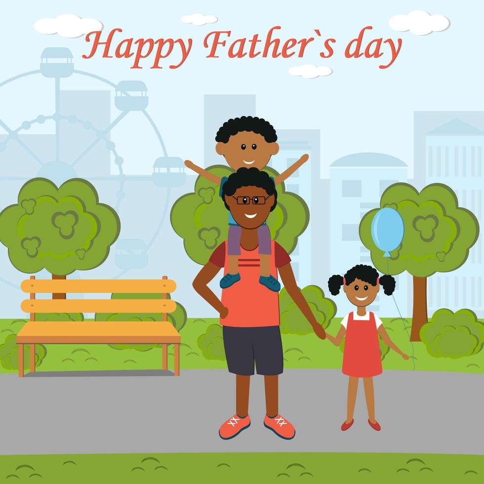 cartão de presente para pai no feriado pai com filha e filho em uma caminhada no parque cor ilustração vetorial estilo simples vetor