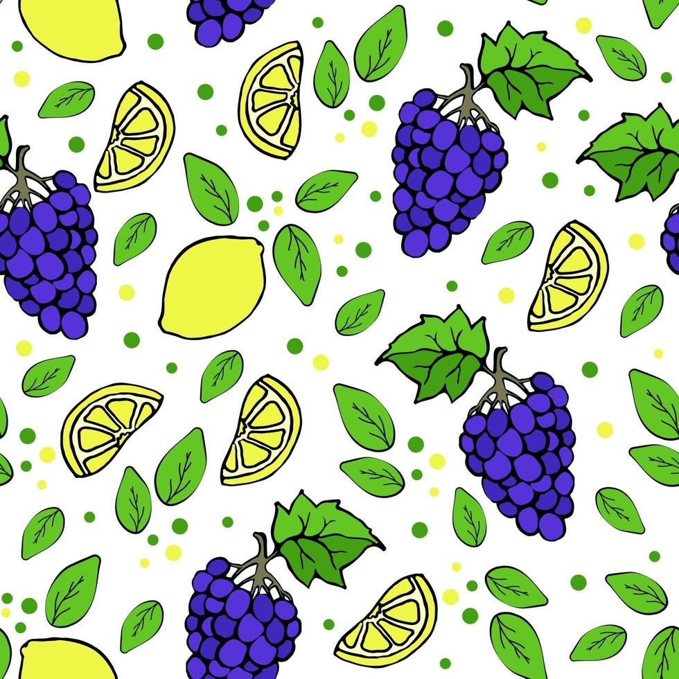 padrão sem emenda com limões e uvas suculentas uvas azuis frutas exóticas tropicais padrão floral folhas verdes e pontos ilustração vetorial no estilo doodle vetor