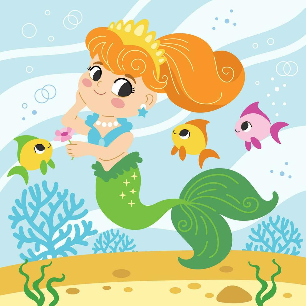 desenho animado sereia debaixo a mar vetor ilustração