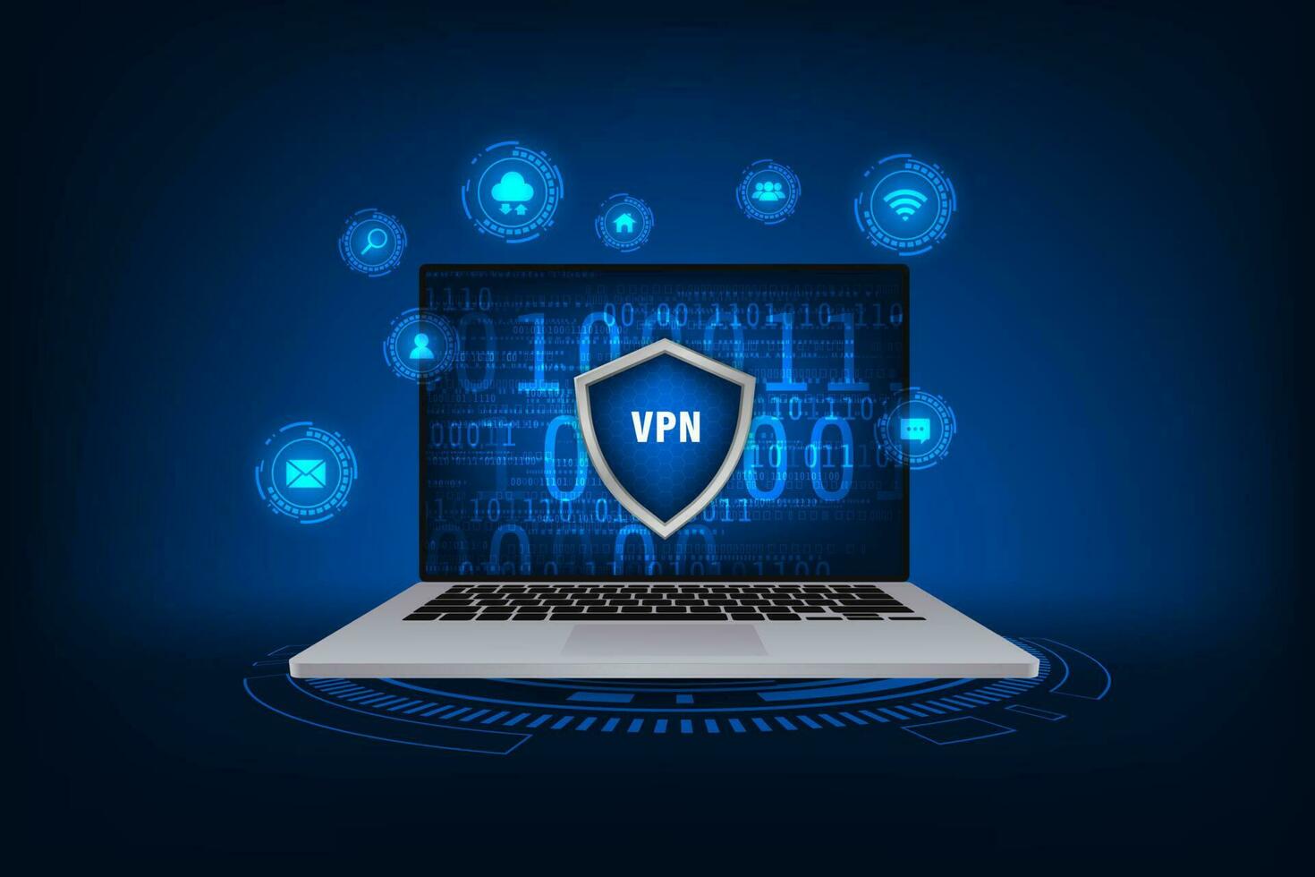 vetor computador portátil brincar virtual privado rede com escudo conceito. cyber segurança e privacidade.