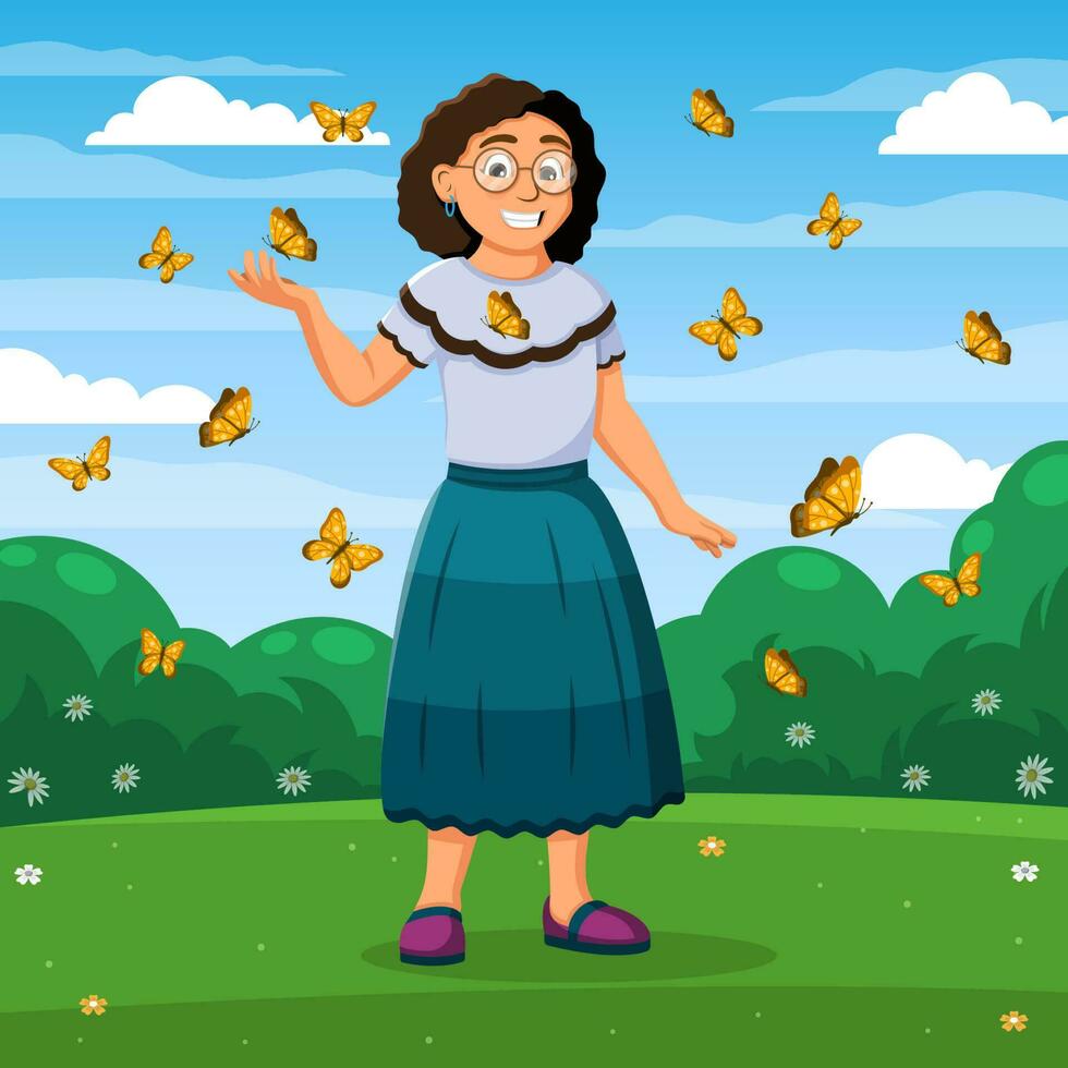 latina menina jogar com borboletas dentro a jardim vetor