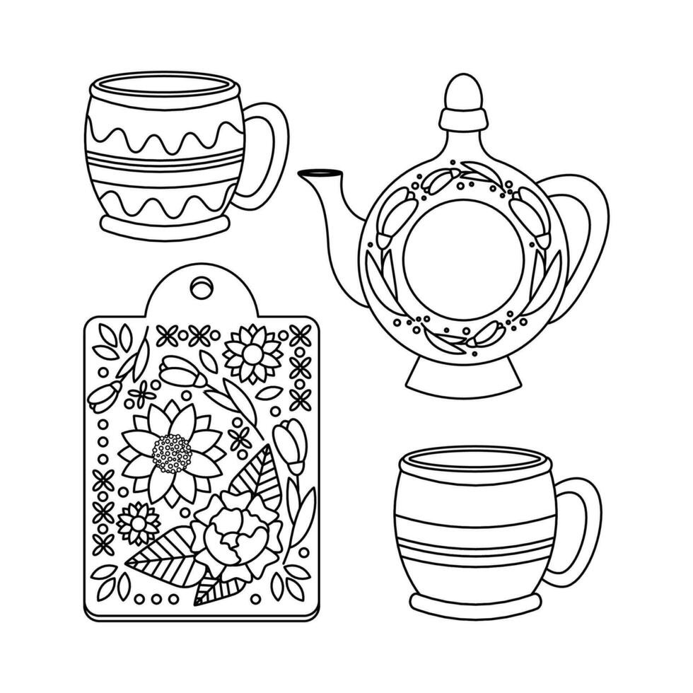 uma conjunto do talheres com uma floral ornamento. jarro, xícara, cozinha corte borda. ucraniano símbolos. vetor