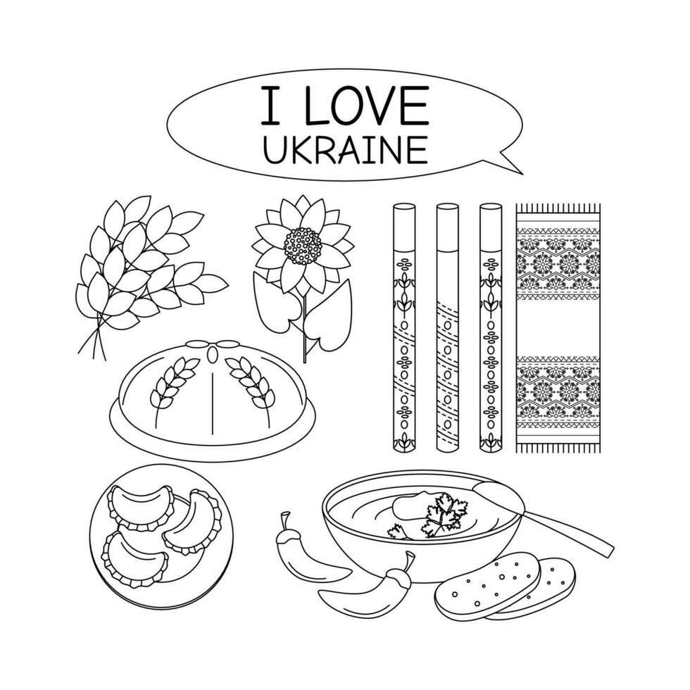 uma conjunto do elementos pão, musical instrumentos, tubos, toalha com bordado, girassol. ucraniano símbolos. vetor
