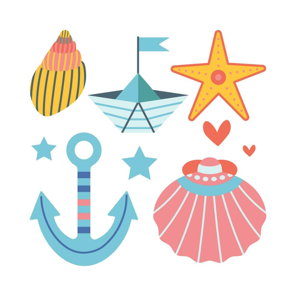 conjunto do conchas, estrela do Mar, âncora, navio dentro plano desenho animado estilo. vetor