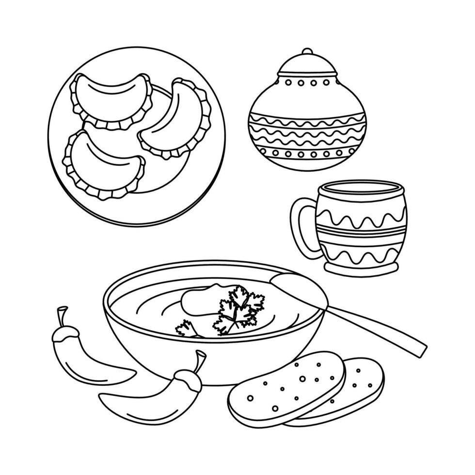 dumplings em uma placa. borscht, jarro, caneca. ucraniano símbolos. vetor