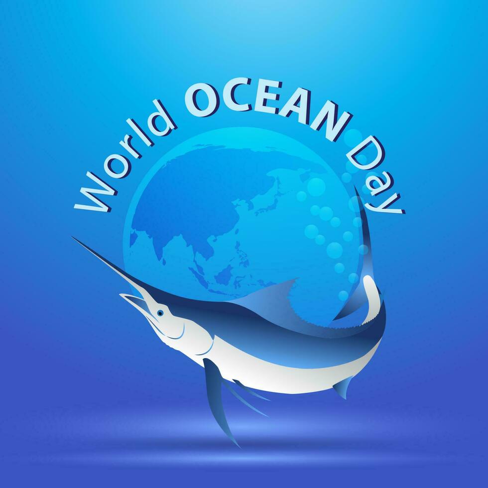 mundo oceano dia com uma peixe-espada Como a logotipo mascote vetor