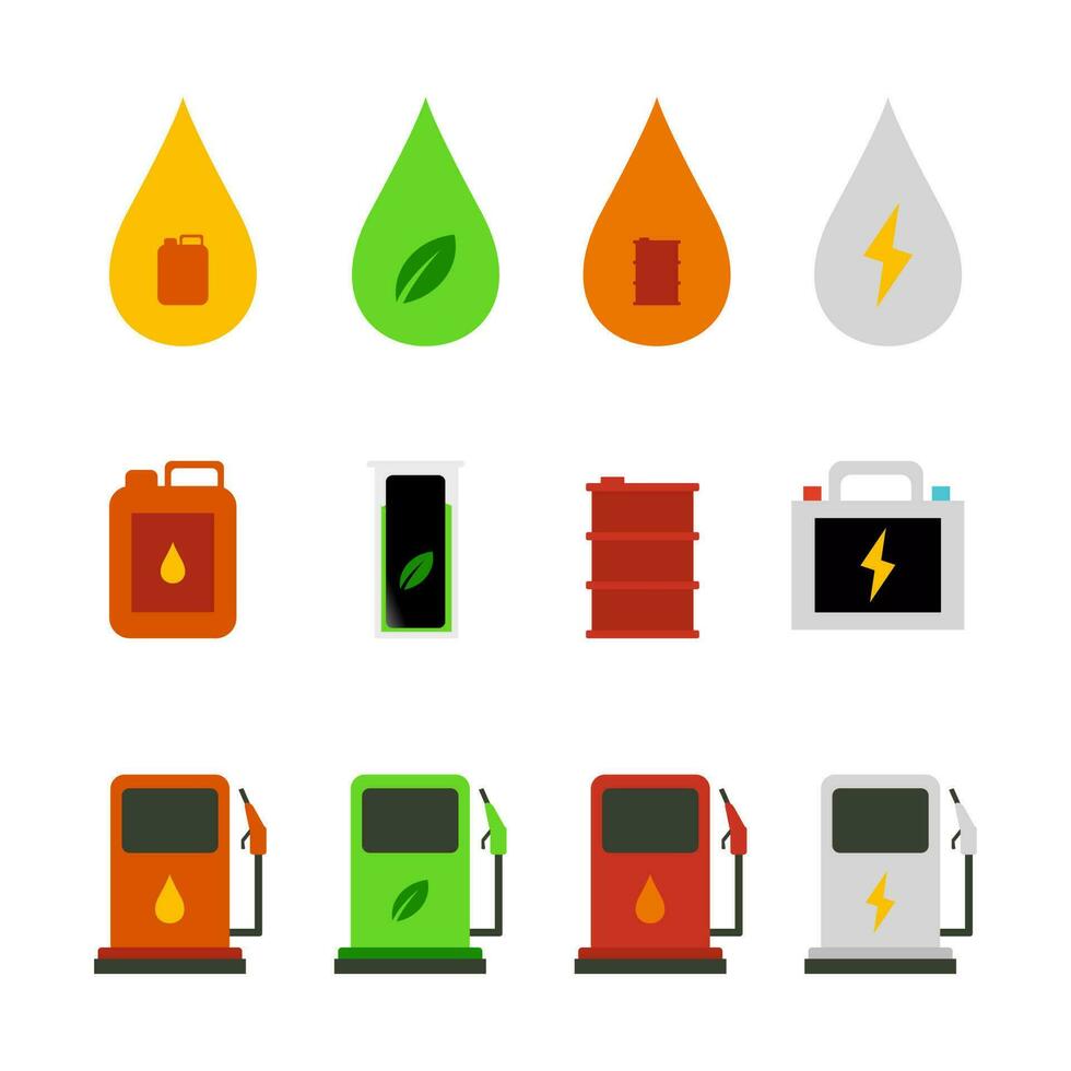 vetor pacote, símbolos do vários tipos do combustível elétrico carregando, gasolina, diesel, gás, biodiesel, eco gás estação isolar em branco fundo