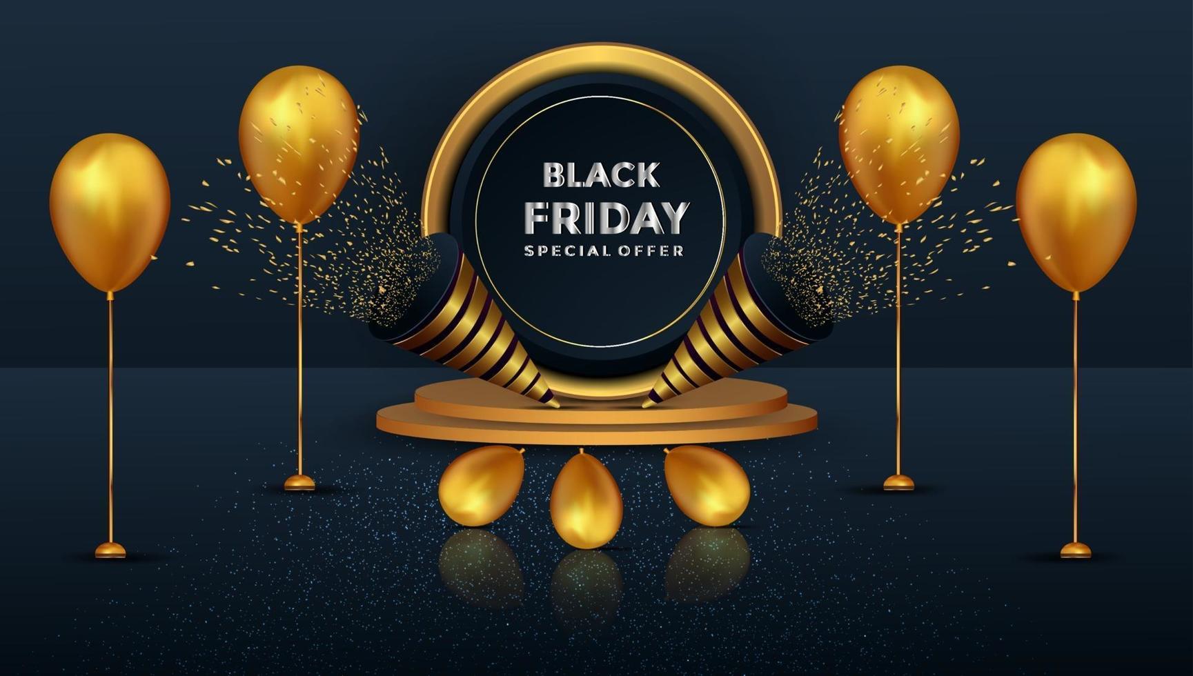 Black Friday oferta especial realista de pódio e balões em ouro vetor