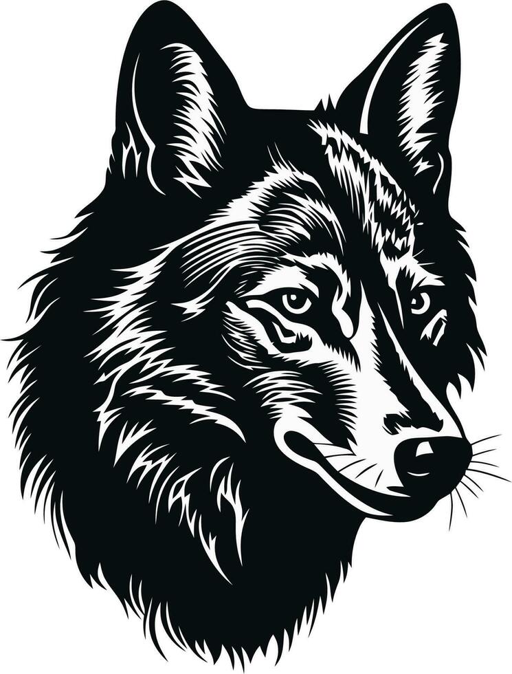 Preto e branco Lobo cabeça vetor