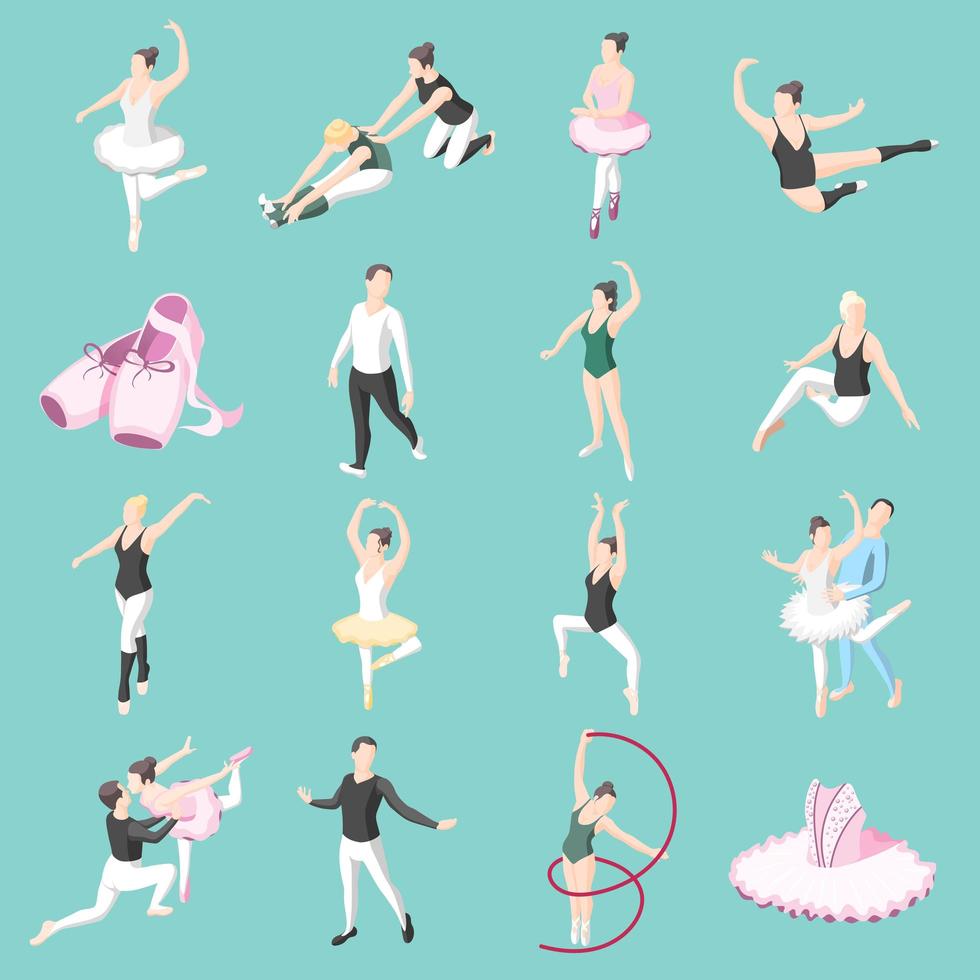 Ilustração em vetor ícones isométricos de balé e bailarinas