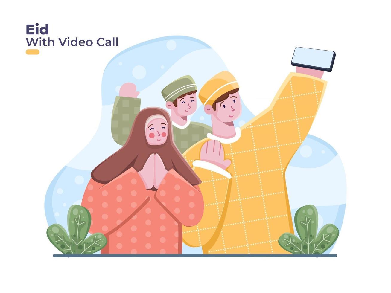 A família muçulmana usa smartphone para videochamada para comemorar e dar saudações para eid mubarak na Indonésia. eid mubarak com videochamada online celebrando eid al fitr vetor