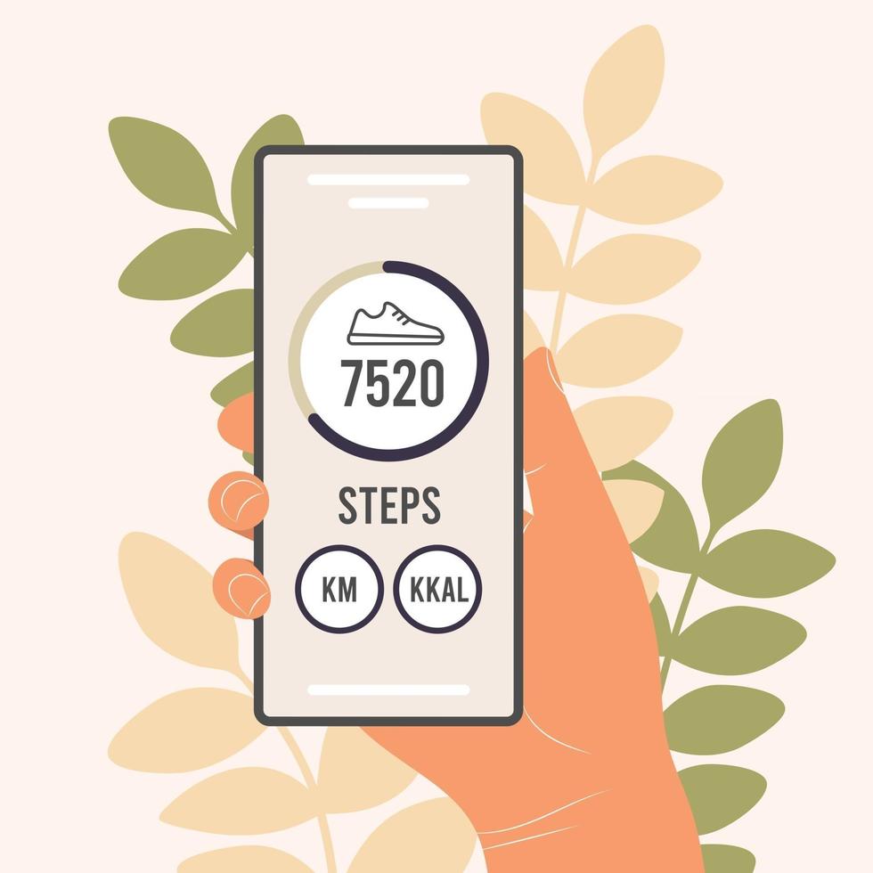 pedômetro em um celular um aplicativo que conta passos e acompanha seu progresso de caminhada vetor