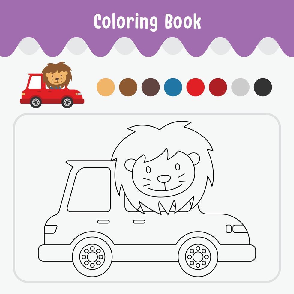 livro para colorir de planilha de tema de animal fofo para ilustração vetorial de educação - leão no carro vetor