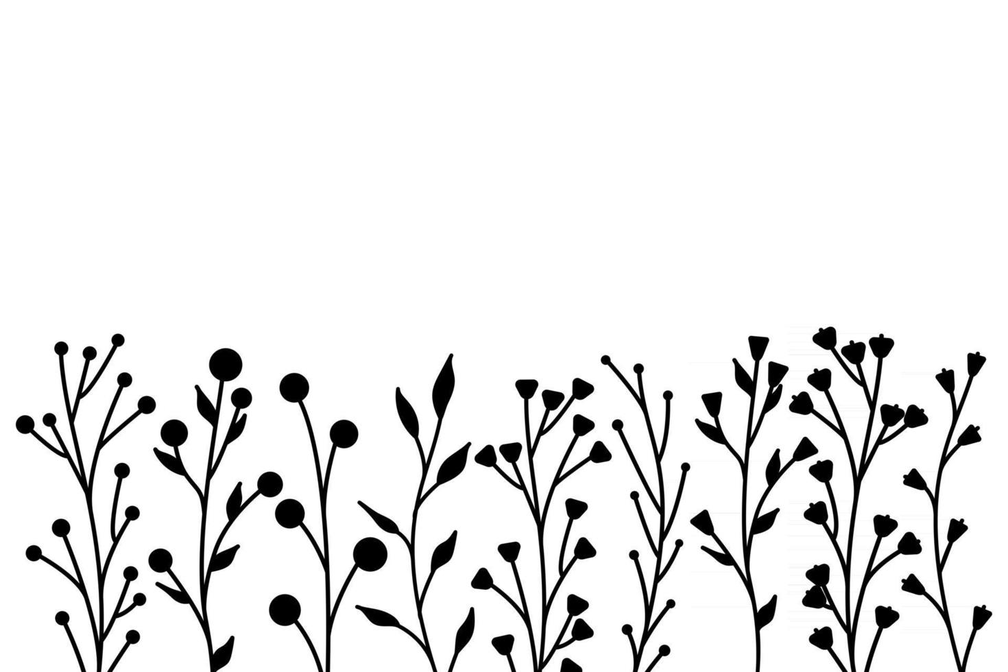 silhuetas negras de grama, flores e ervas, elementos florais simples minimalistas vetor