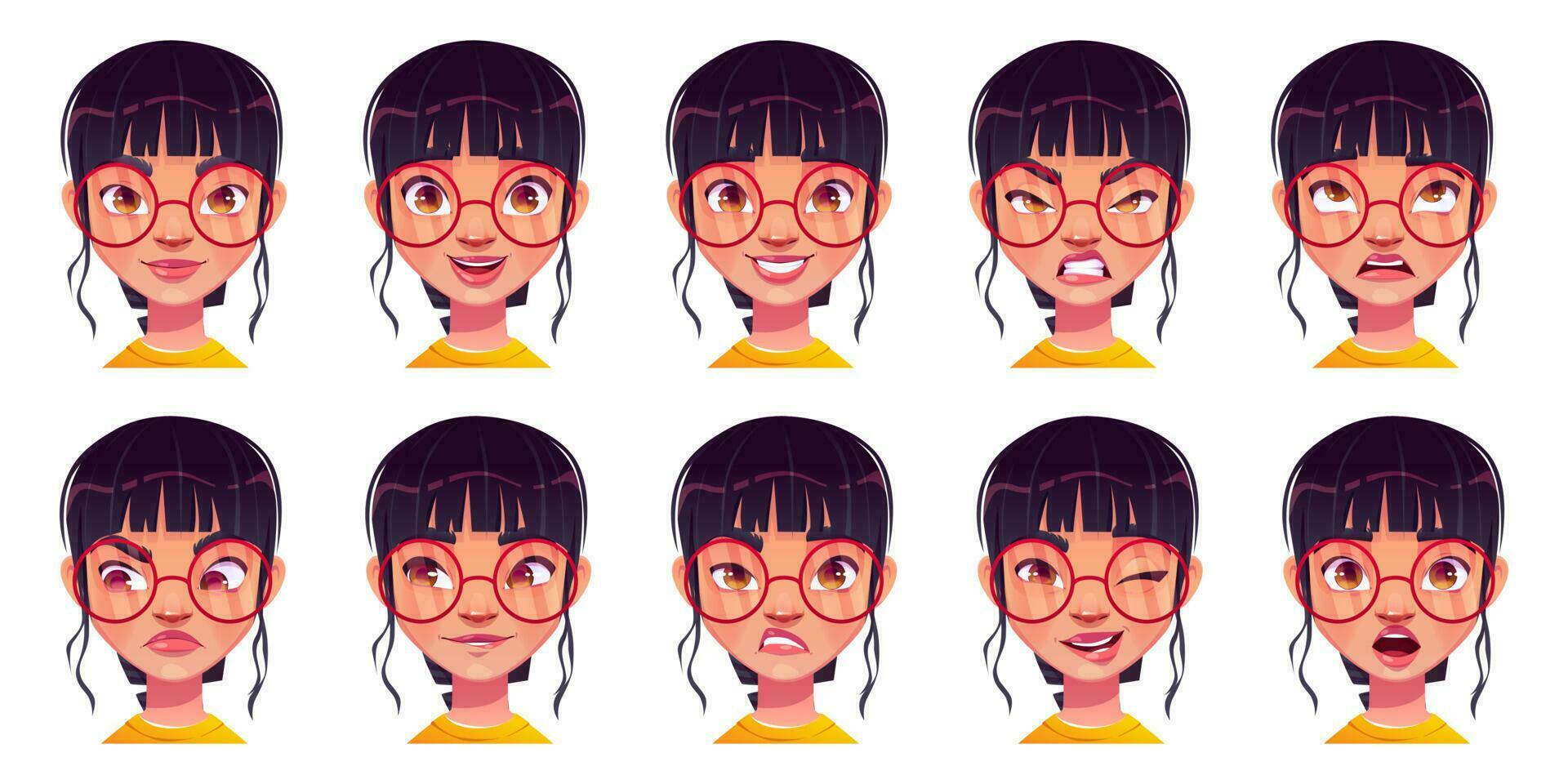 menina face avatar com diferente emoção expressão vetor