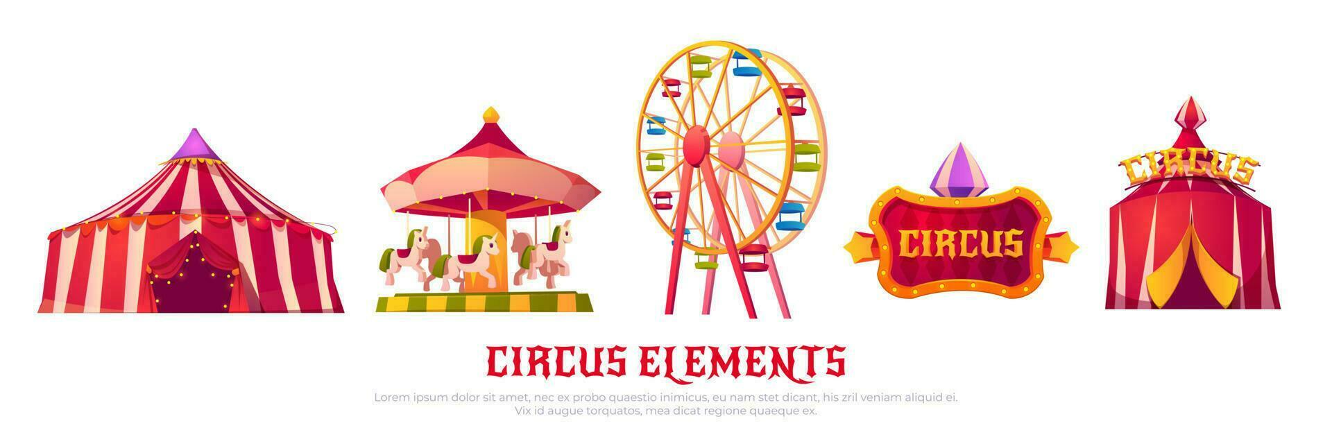 circo ícones com carrossel, ferris roda e barraca vetor