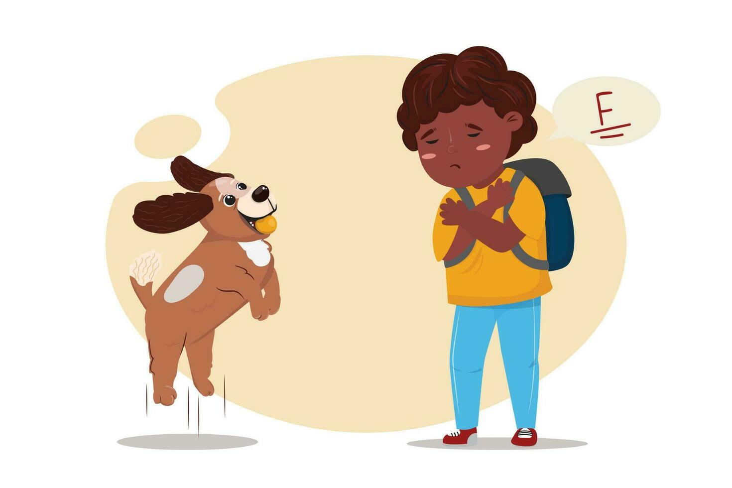 plano desenho animado ilustração com uma triste escola Garoto e cachorro tentando para animar ele acima. vetor