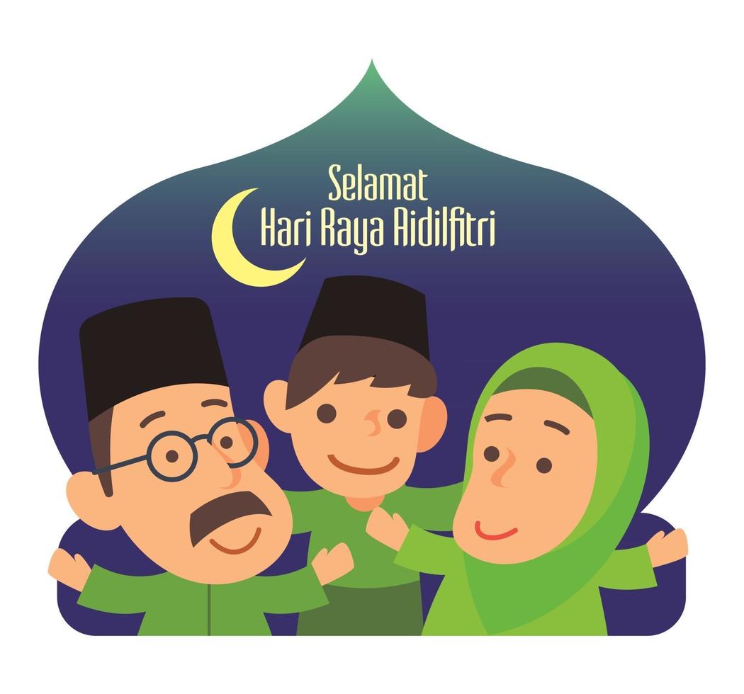 personagem de família muçulmana de desenho animado com trajes tradicionais da Malásia, celebrando o festival muçulmano com saudação no fundo de forma de mesquita vetor