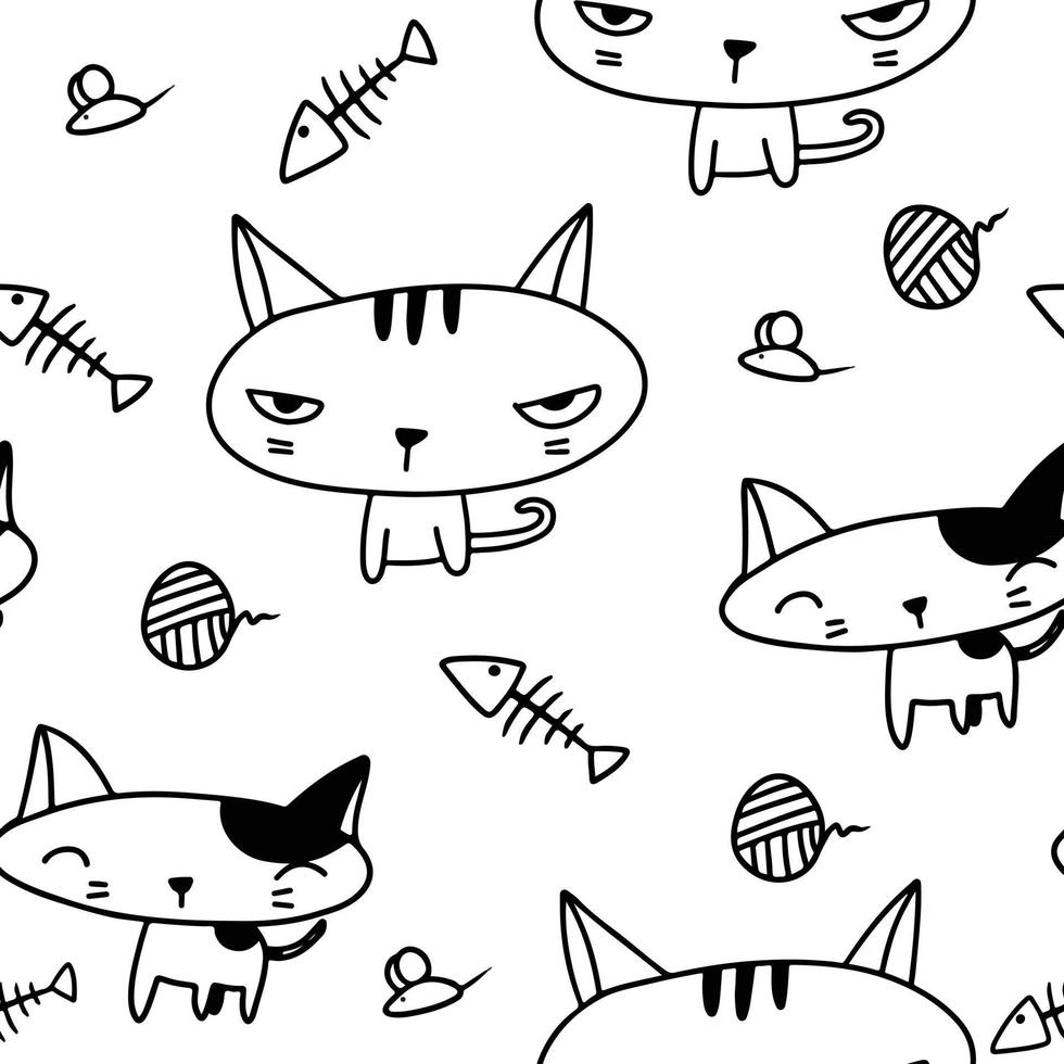Fofo gato preto e branco gatinho desenho animado doodle padrão vetor