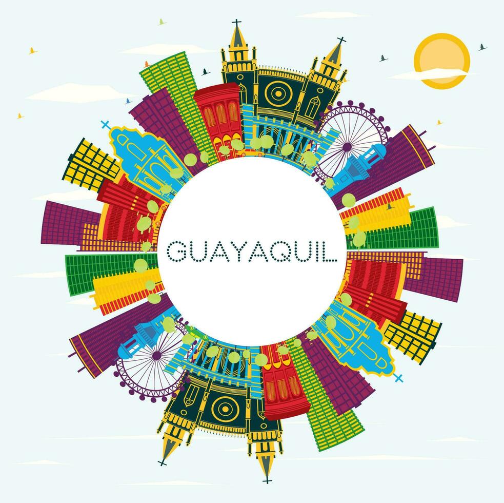 Horizonte da cidade de Guayaquil Equador com edifícios coloridos, céu azul e espaço para texto. vetor