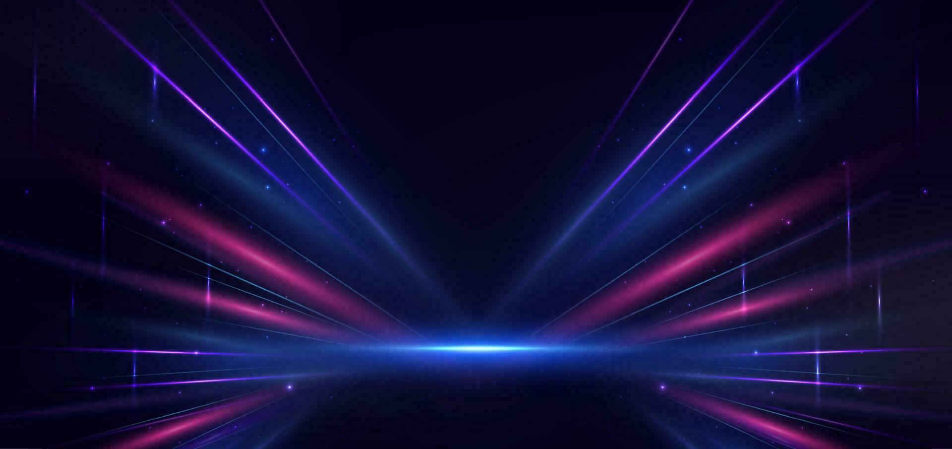 tecnologia abstrata futurista linhas de luz azuis e vermelhas brilhantes com efeito de desfoque de movimento de velocidade em fundo azul escuro. vetor